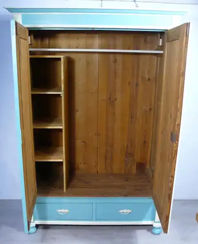 Dielenschrank Garderobenschrank 2-türig 2 Schubladen Shabby Mint + Creme handbemalt, Gründerzeit / Jugendstil Landhausstil um 1900