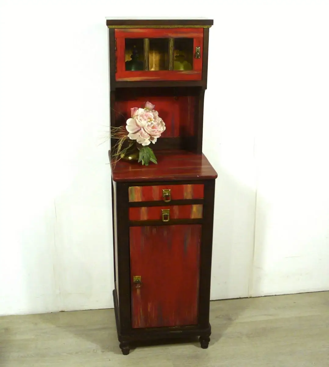 Flurschrank Konsolentisch Nachttisch mit Aufsatz Kommode shabby rot + Nußbaum dunkel handbemalt Gründerzeit um 1890 1