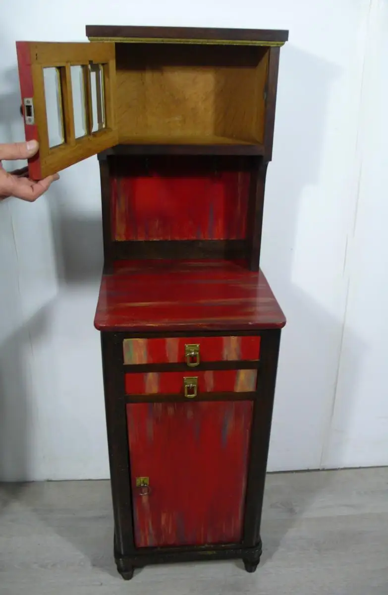 Flurschrank Konsolentisch Nachttisch mit Aufsatz Kommode shabby rot + Nußbaum dunkel handbemalt Gründerzeit um 1890 2