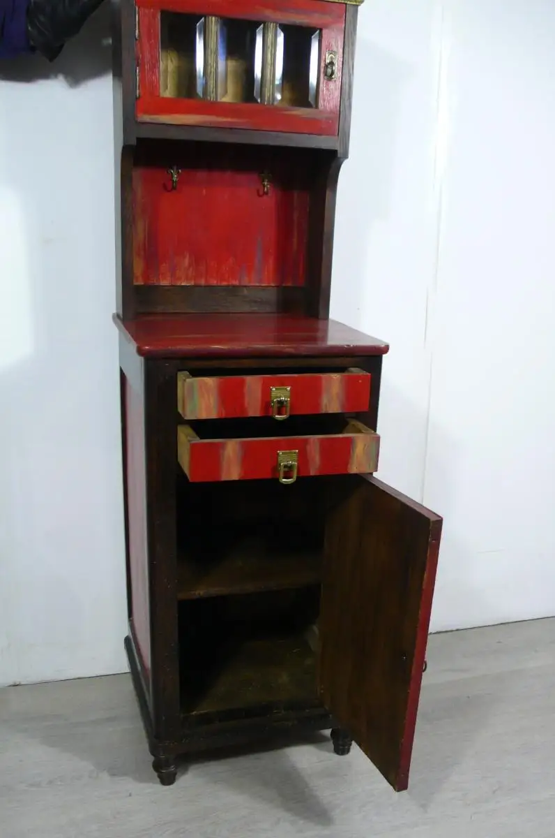 Flurschrank Konsolentisch Nachttisch mit Aufsatz Kommode shabby rot + Nußbaum dunkel handbemalt Gründerzeit um 1890 3