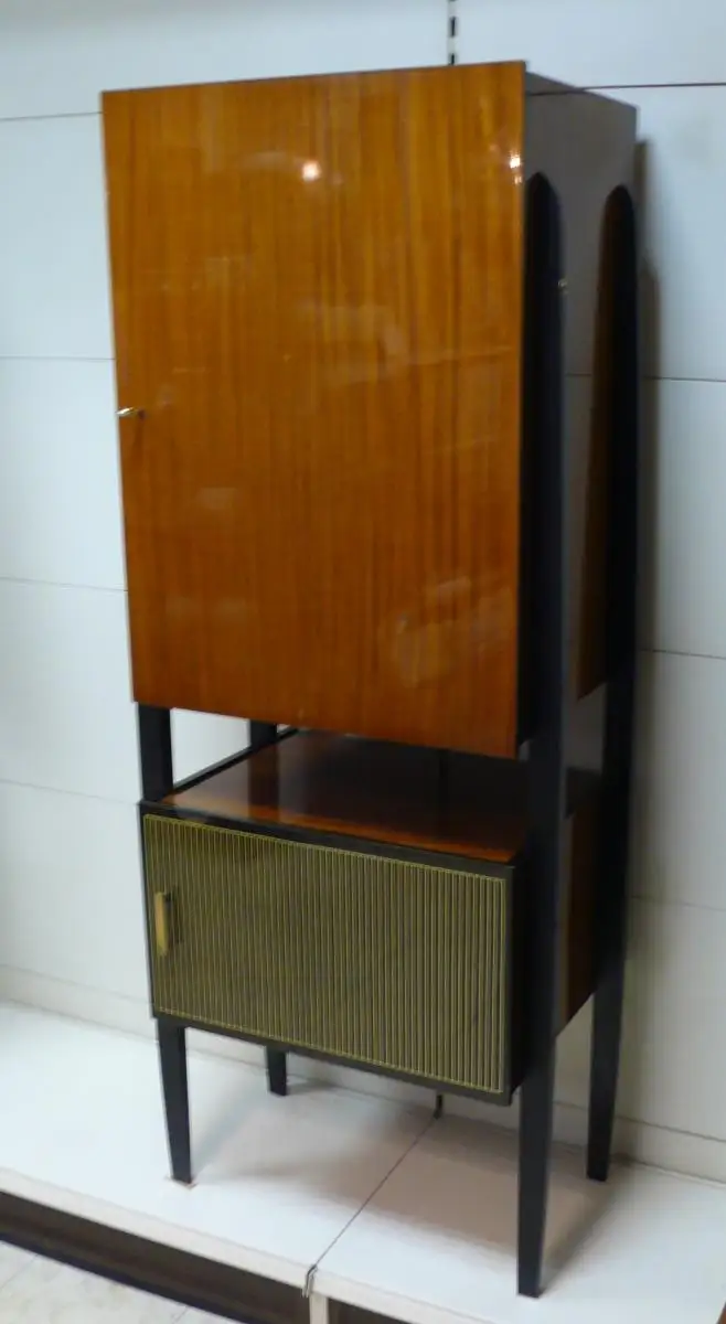 60er Schmaler Schrank Geschirrschrank Italienisches Design Schwarz + Teak Hochglanz Mid Century Modern 0