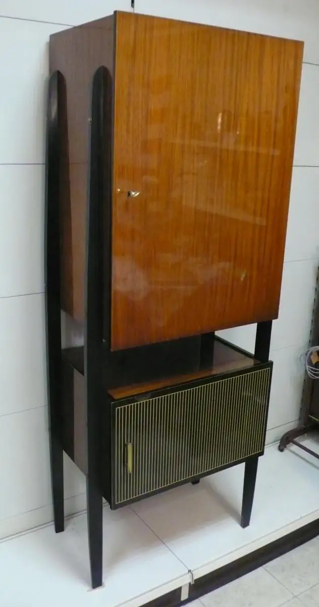 60er Schmaler Schrank Geschirrschrank Italienisches Design Schwarz + Teak Hochglanz Mid Century Modern 1