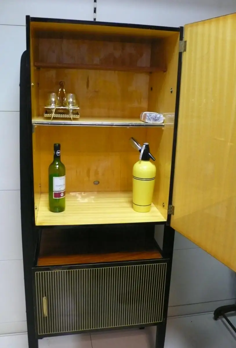 60er Schmaler Schrank Geschirrschrank Italienisches Design Schwarz + Teak Hochglanz Mid Century Modern 5