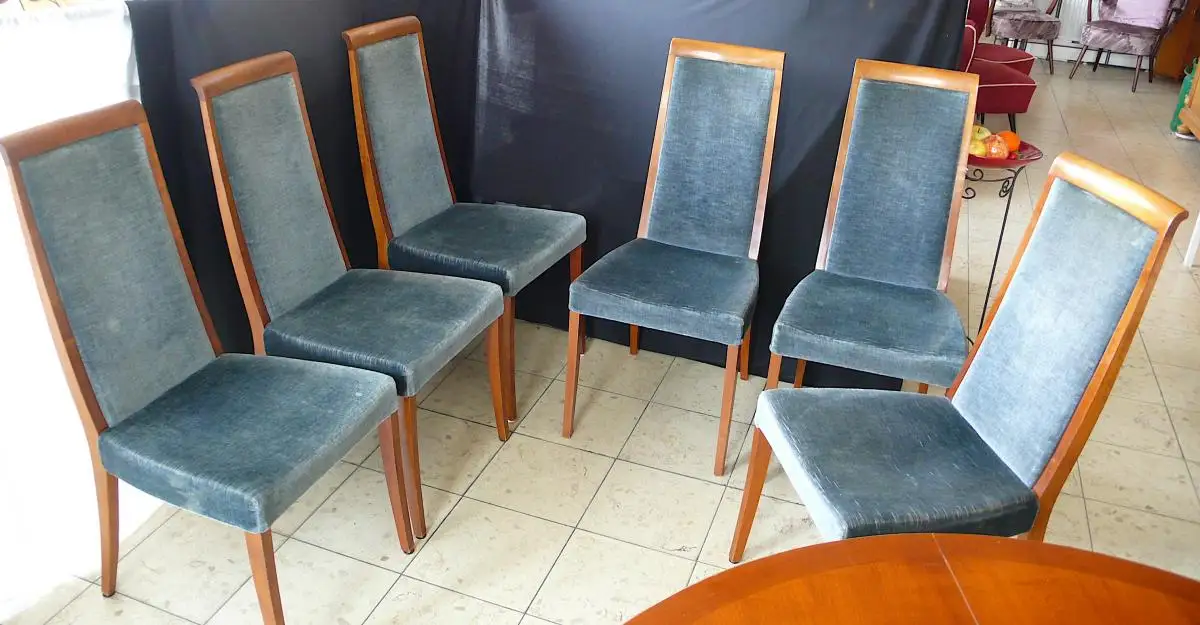 6 Esszimmer Stühle gepolstert in Taubenblau, Kirschholz, 50er 60er Mid Century Modern Ära 0