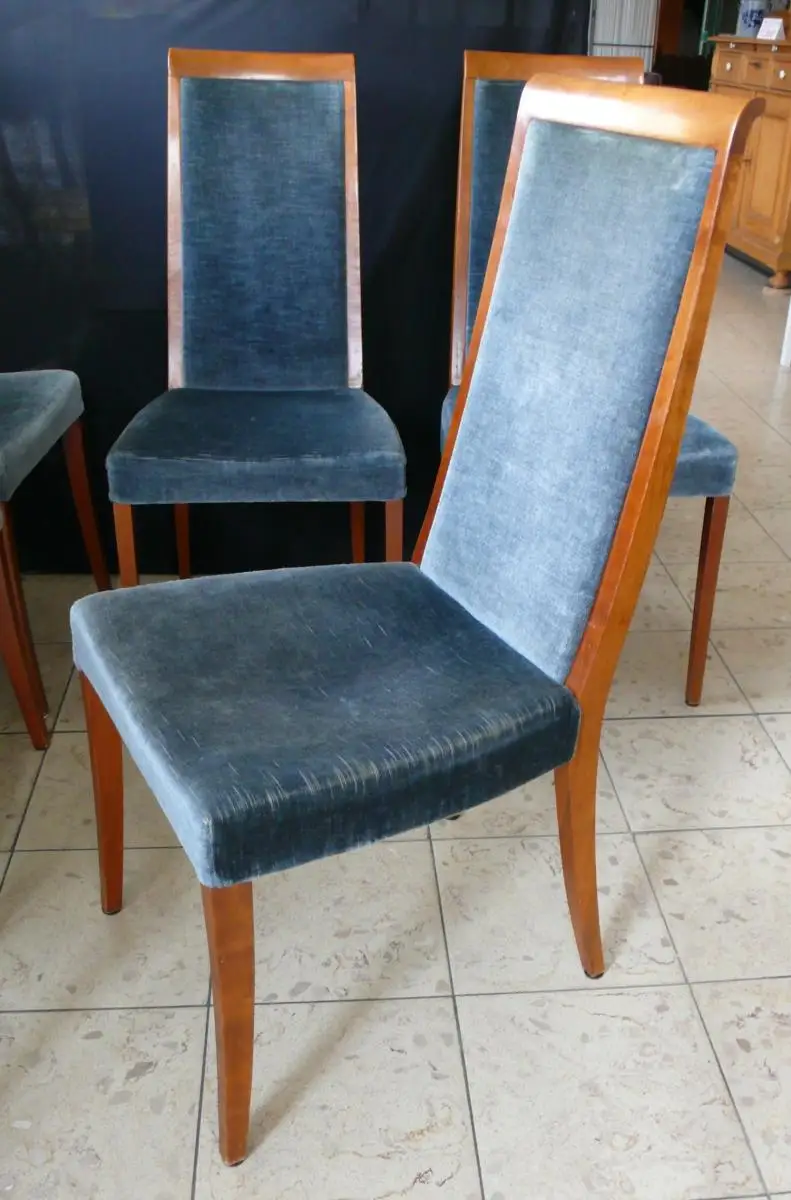 6 Esszimmer Stühle gepolstert in Taubenblau, Kirschholz, 50er 60er Mid Century Modern Ära 1