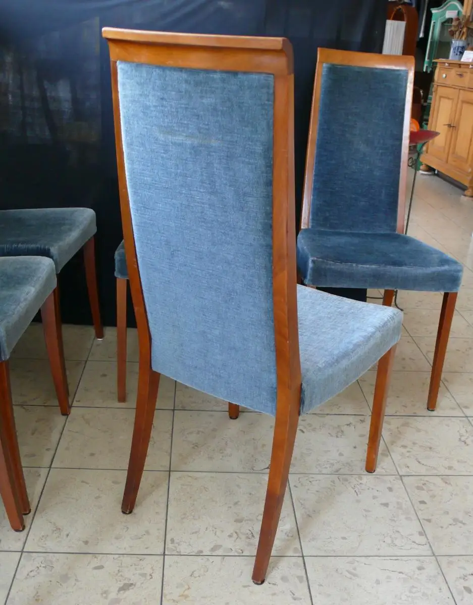 6 Esszimmer Stühle gepolstert in Taubenblau, Kirschholz, 50er 60er Mid Century Modern Ära 2