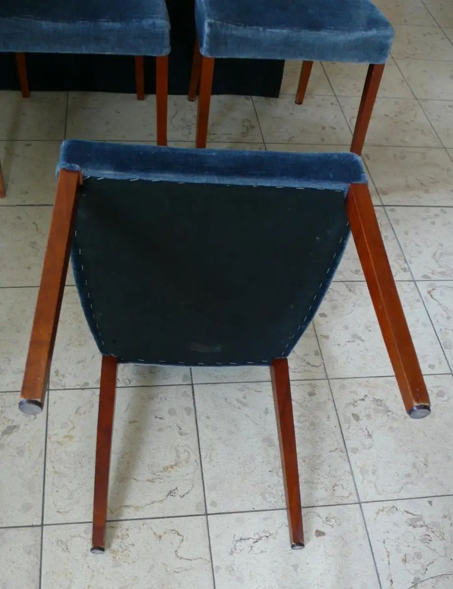 6 Esszimmer Stühle gepolstert in Taubenblau, Kirschholz, 50er 60er Mid Century Modern Ära 3