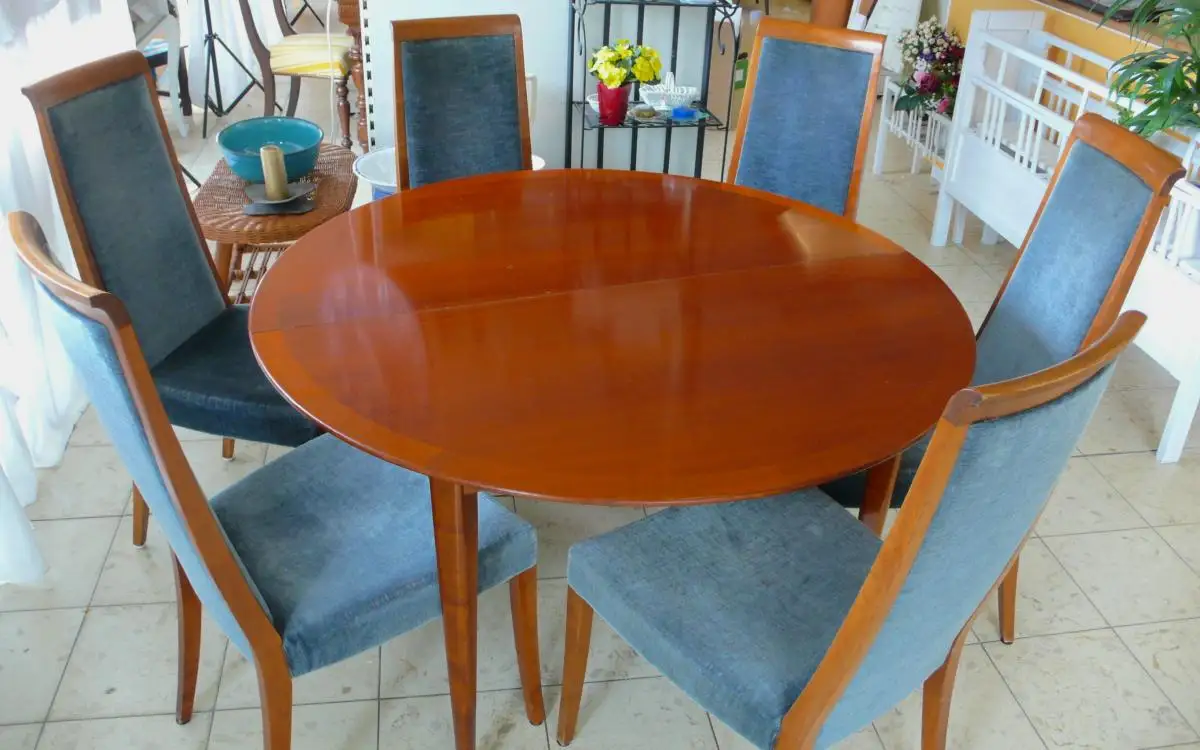 6 Esszimmer Stühle gepolstert in Taubenblau, Kirschholz, 50er 60er Mid Century Modern Ära 4
