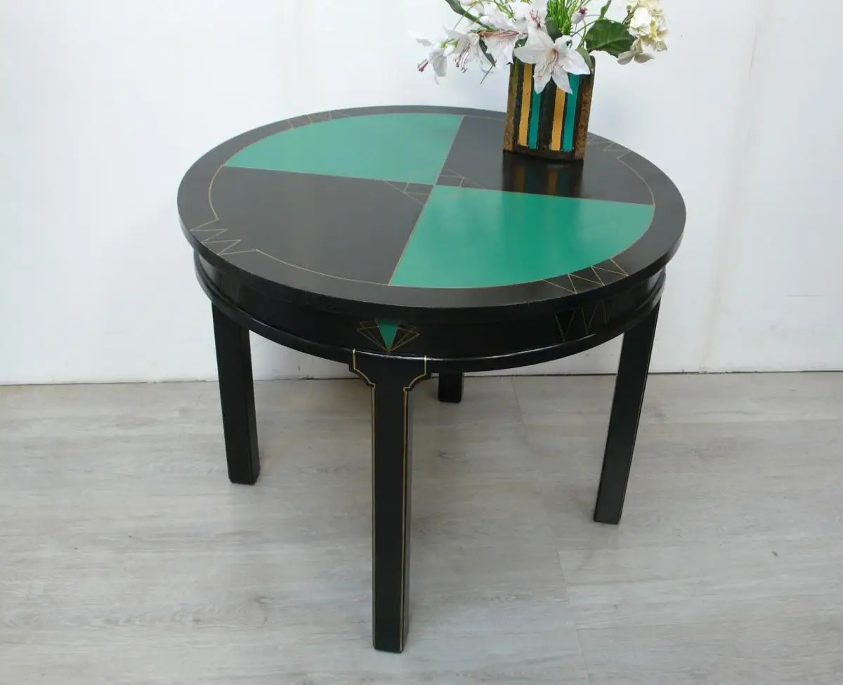 1930er Tisch rund Art Déco Teetisch Biestelltisch Foyertisch Eiche dunkel + Smaragd Grün  0