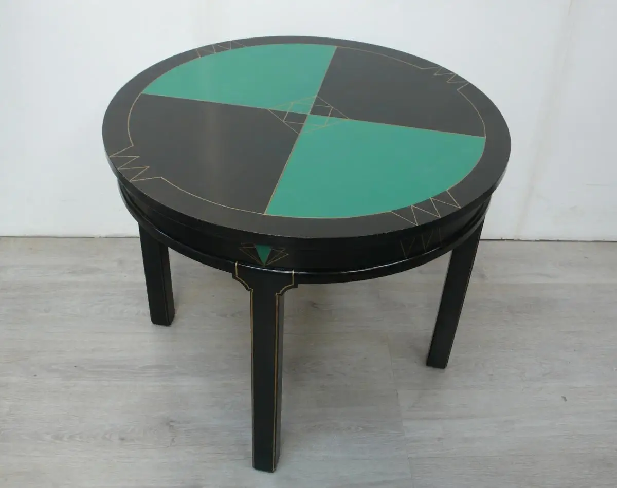 1930er Tisch rund Art Déco Teetisch Biestelltisch Foyertisch Eiche dunkel + Smaragd Grün  1
