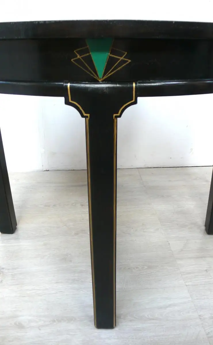 1930er Tisch rund Art Déco Teetisch Biestelltisch Foyertisch Eiche dunkel + Smaragd Grün  3