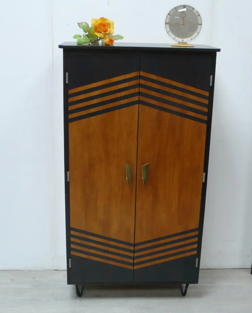 50er Vertiko / Highboard 2-türig, Nußbaum hell-dunkel Haarnadelbeine Mid Century Modern 0