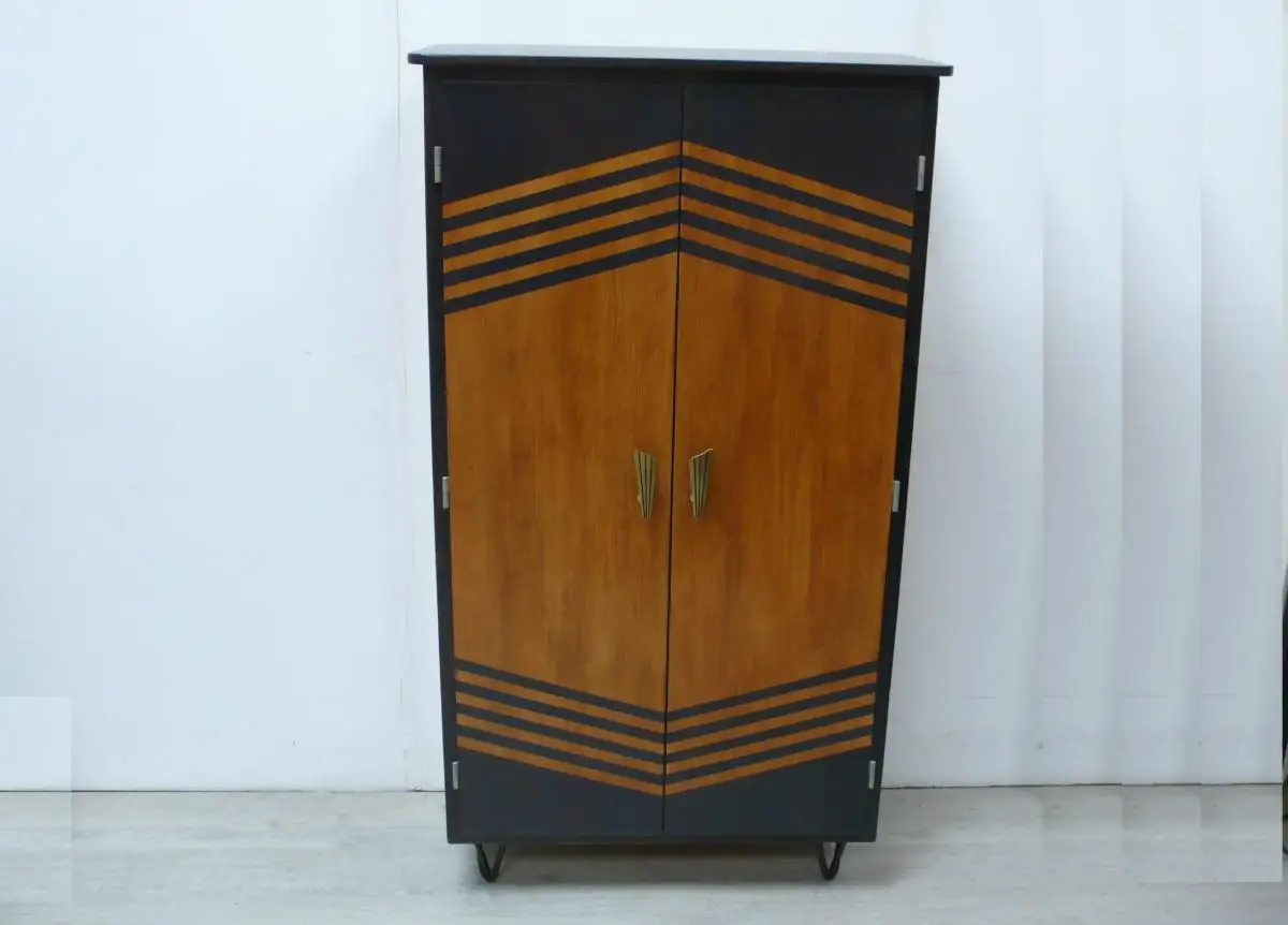 50er Vertiko / Highboard 2-türig, Nußbaum hell-dunkel Haarnadelbeine Mid Century Modern 1