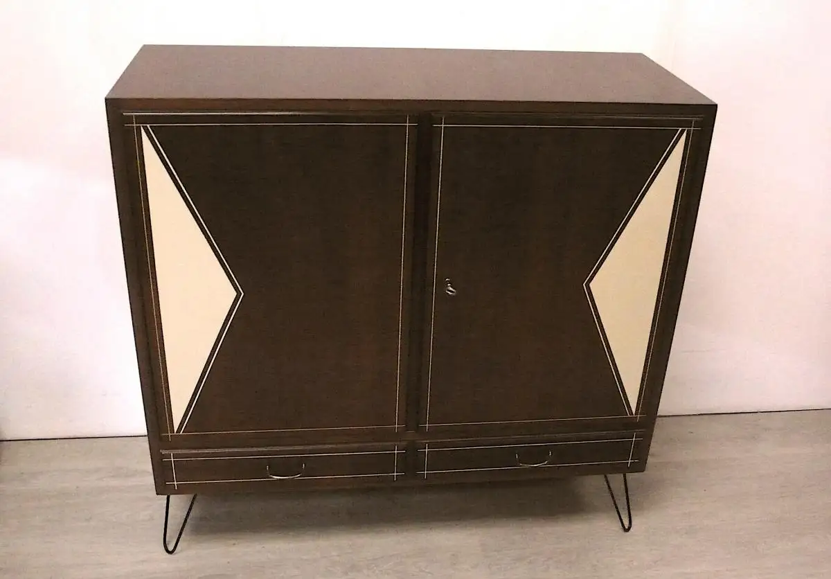 50er 60er Sideboard 2türig 2 Schubladen WK Möbel Haarnadelbeine Nußbaum  + Creme, Mid Century Modern (1) 1