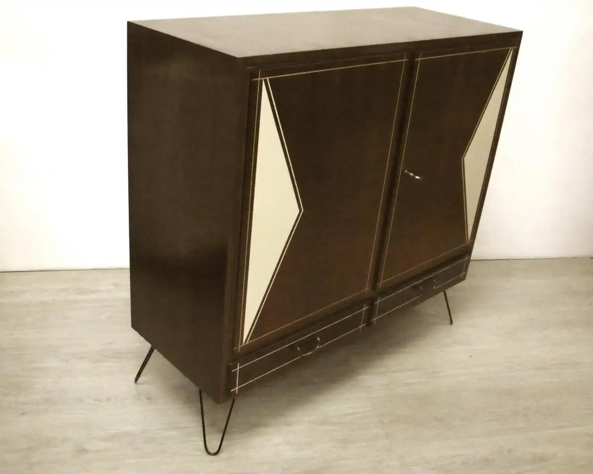 50er 60er Sideboard 2türig 2 Schubladen WK Möbel Haarnadelbeine Nußbaum  + Creme, Mid Century Modern (1) 2
