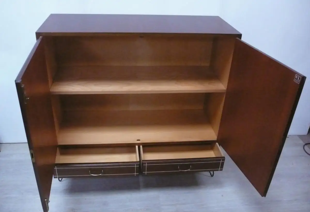 50er 60er Sideboard 2türig 2 Schubladen WK Möbel Haarnadelbeine Nußbaum  + Creme, Mid Century Modern (1) 3