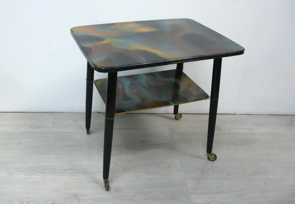 50er 60er Beistelltisch mit Ablage + Rollen schwarz + marmoriert Epoxit-Kunst Handarbeit 2
