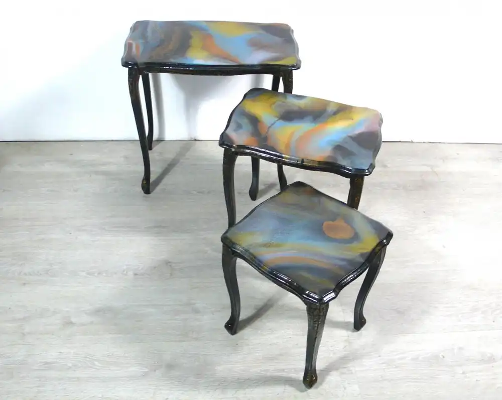 3er Set Satz Tische Beistelltische Chippendale Stil Schwarz marmoriert Epoxit Kunst Handarbeit 0