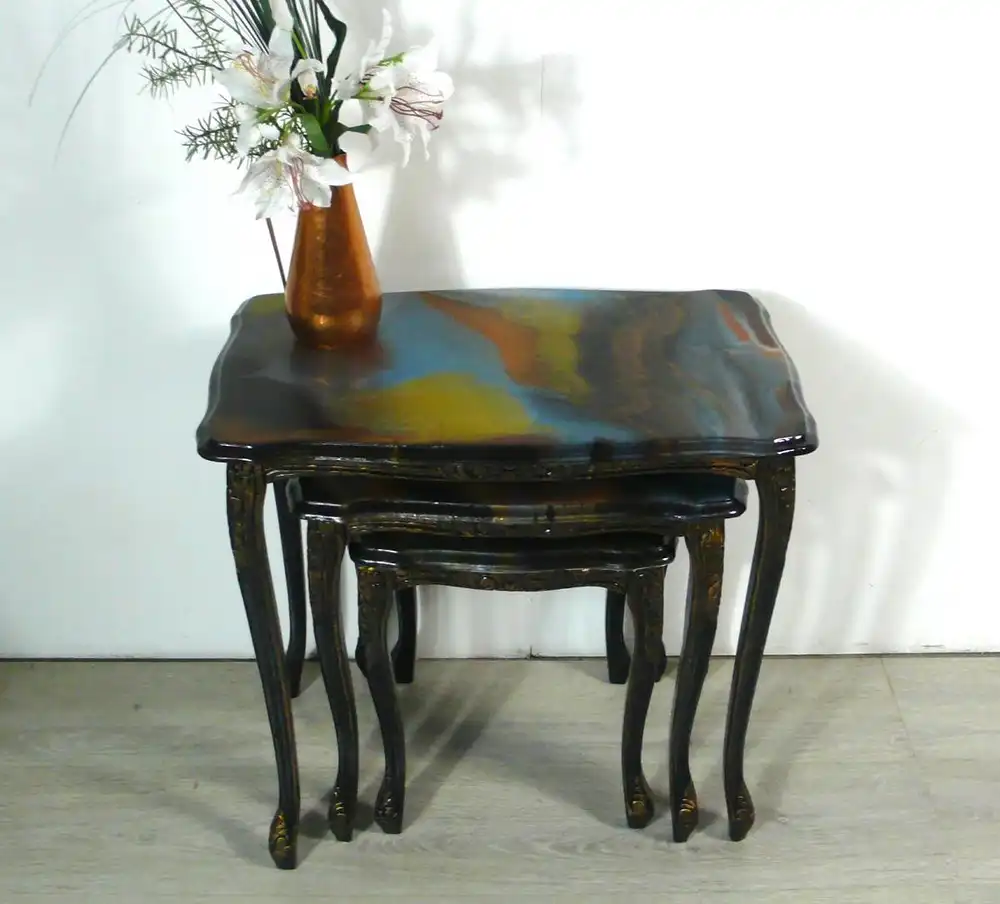 3er Set Satz Tische Beistelltische Chippendale Stil Schwarz marmoriert Epoxit Kunst Handarbeit 1