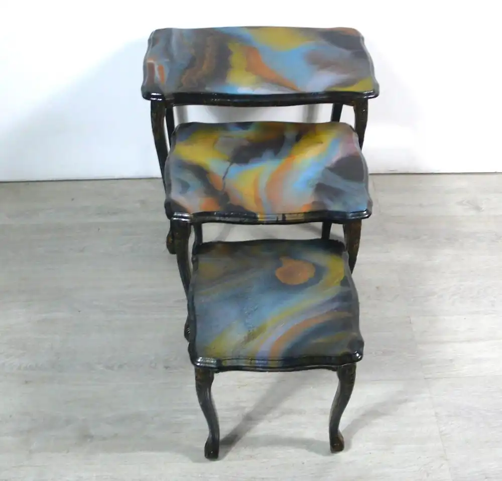3er Set Satz Tische Beistelltische Chippendale Stil Schwarz marmoriert Epoxit Kunst Handarbeit 2