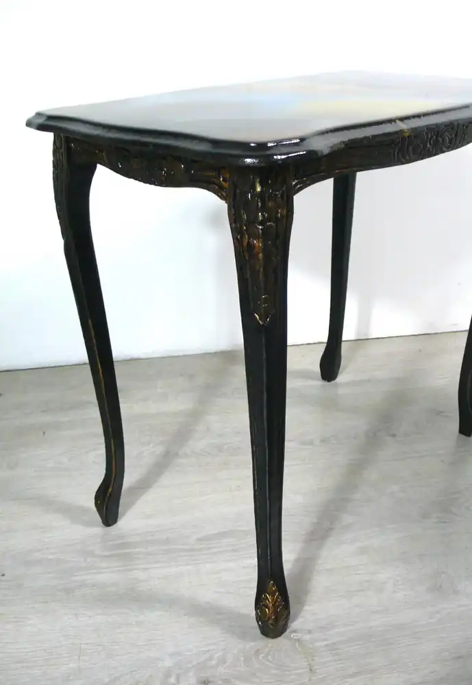 3er Set Satz Tische Beistelltische Chippendale Stil Schwarz marmoriert Epoxit Kunst Handarbeit 6