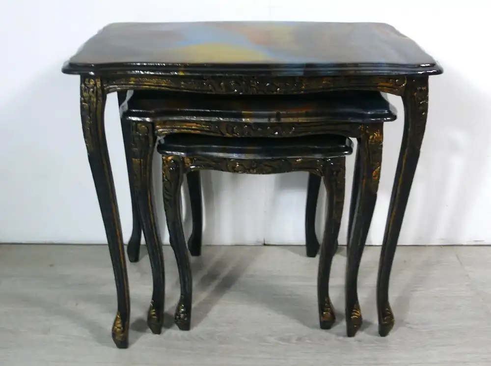 3er Set Satz Tische Beistelltische Chippendale Stil Schwarz marmoriert Epoxit Kunst Handarbeit 8