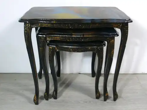 3er Set Satz Tische Beistelltische Chippendale Stil Schwarz marmoriert Epoxit Kunst Handarbeit