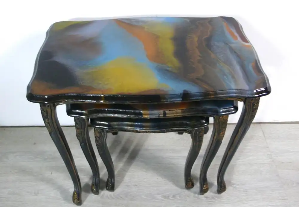 3er Set Satz Tische Beistelltische Chippendale Stil Schwarz marmoriert Epoxit Kunst Handarbeit 9