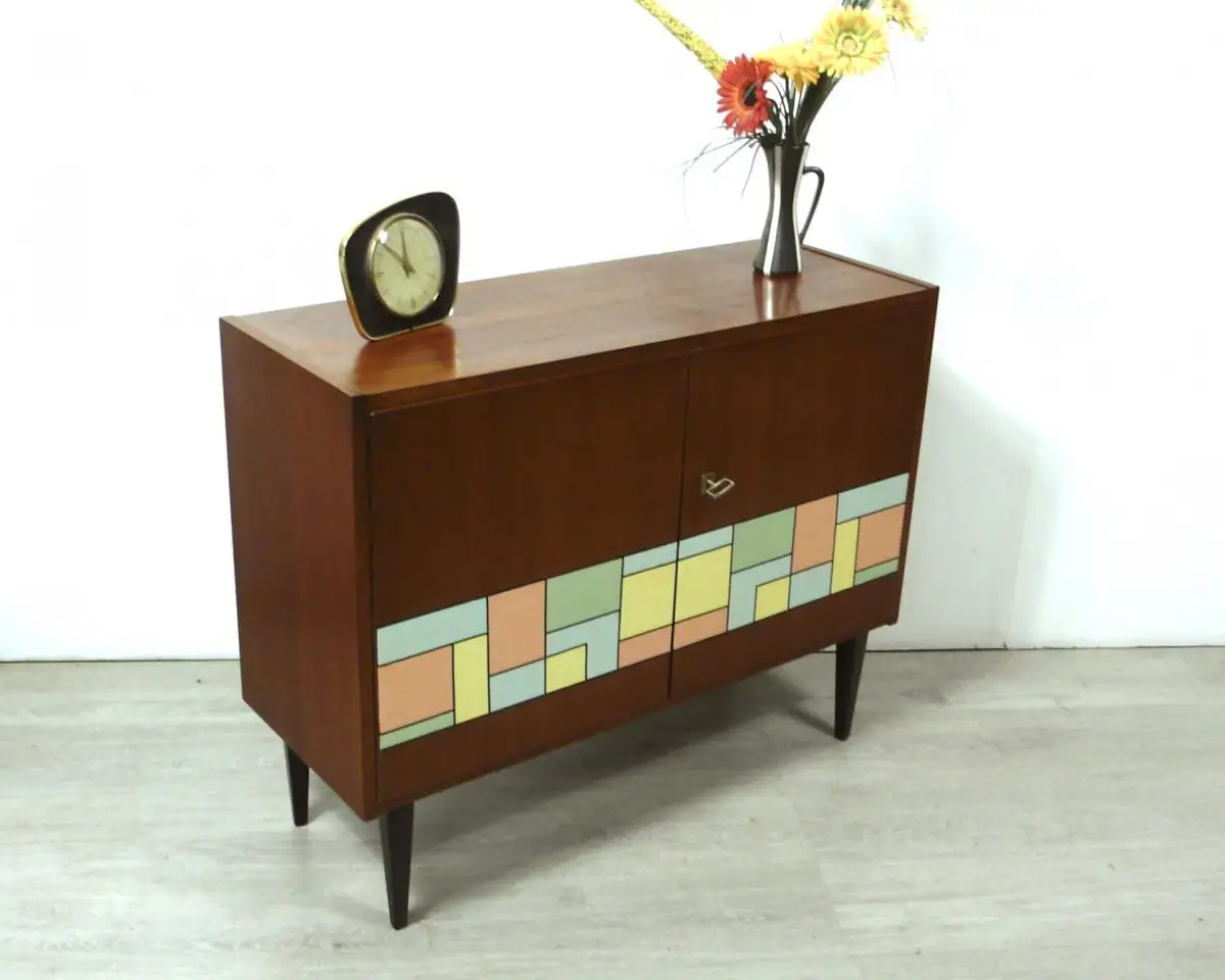 50er 60er Sideboard 2-türig Teak Furnier + Mondrian Pastell Muster, schräge Beine, Mid Century Modern 0
