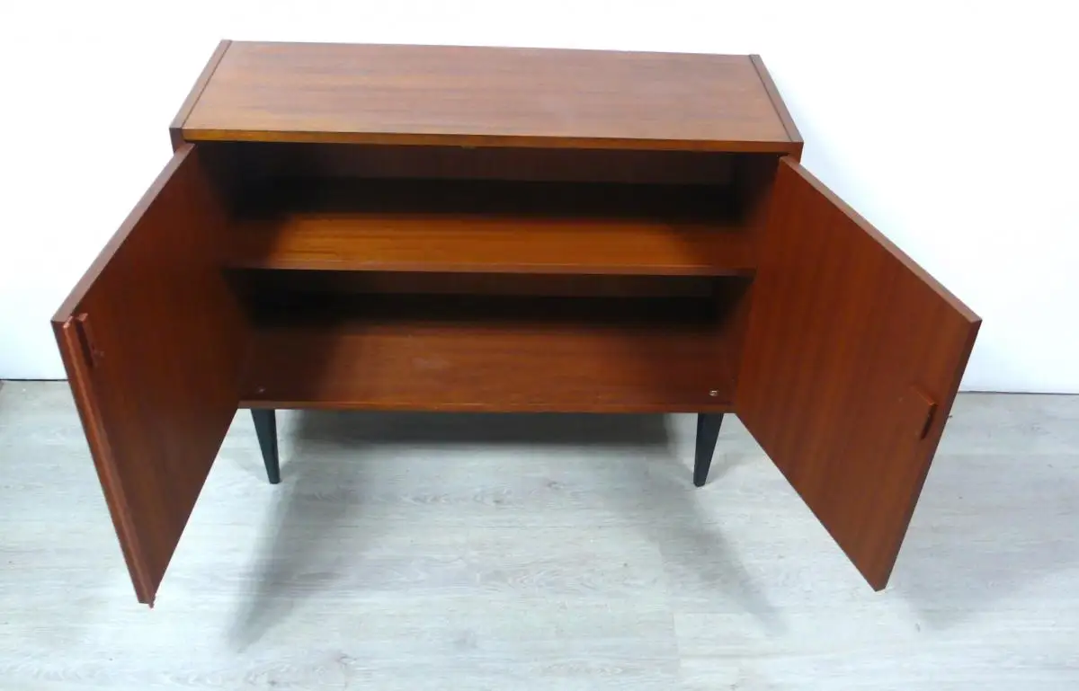 50er 60er Sideboard 2-türig Teak Furnier + Mondrian Pastell Muster, schräge Beine, Mid Century Modern 4