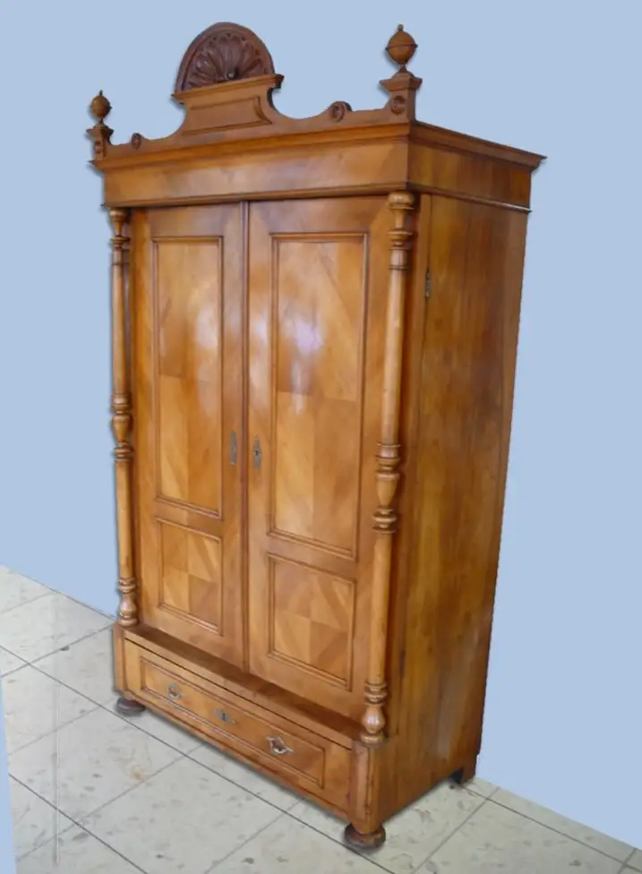 Dielenschrank Kleiderschrank 2-türig 1 Schublade Nußbaum Vollholz Kirschholz Furnier Gründerzeit um 1880 1