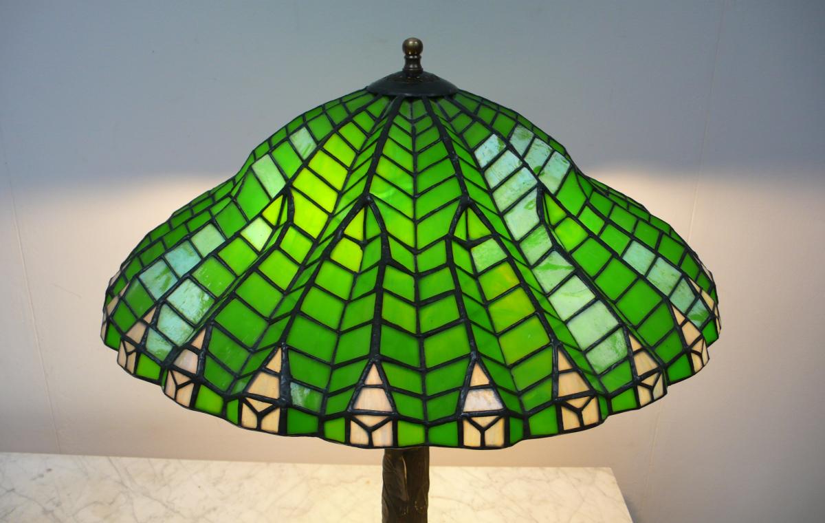 Tiffany Tischlampe Schirm Form Grünes Glas Lotus Leaf Stil, Jugendstil Art, sehr seltene schöne Form 2