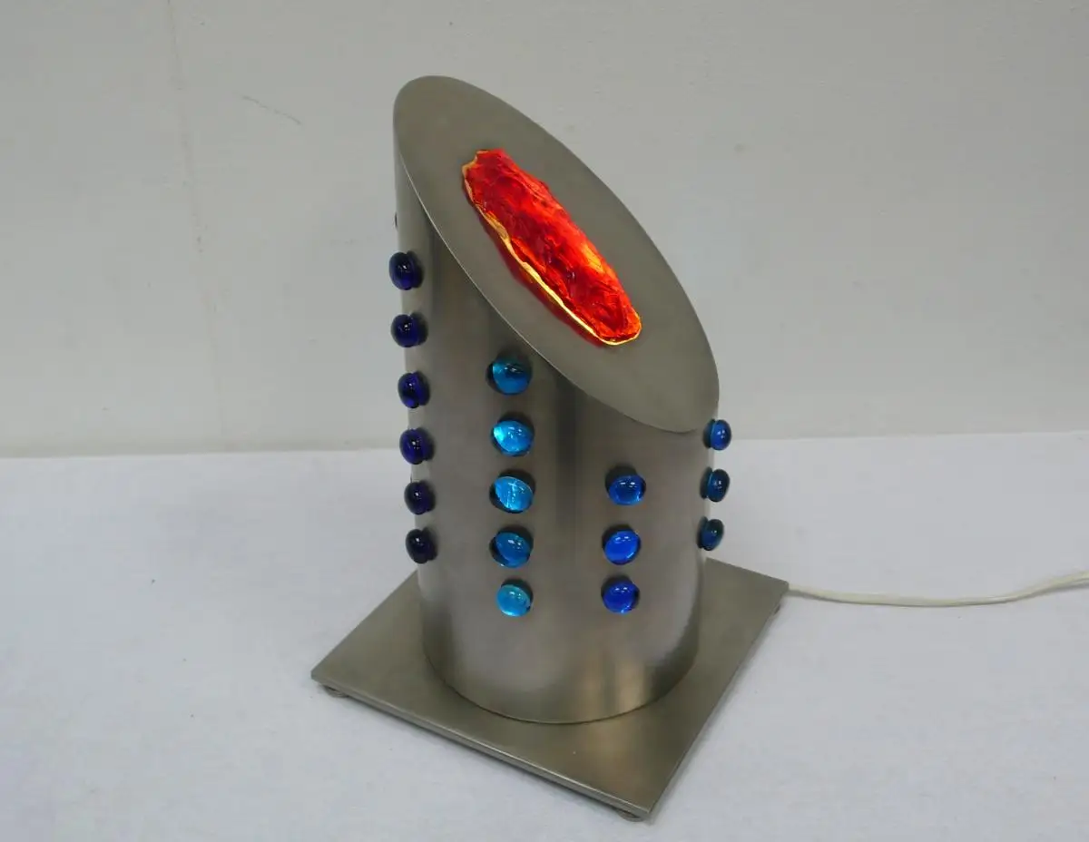 Atomic Space Age Tischlampe Bodenlampe Edelstahl rund drehbar, mit Rotem Kristallglas 1