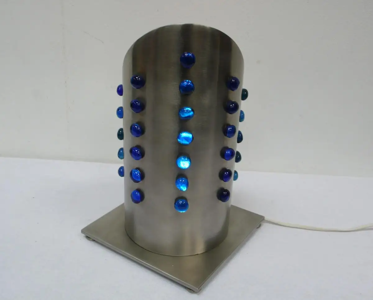 Atomic Space Age Tischlampe Bodenlampe Edelstahl rund drehbar, mit Rotem Kristallglas 4