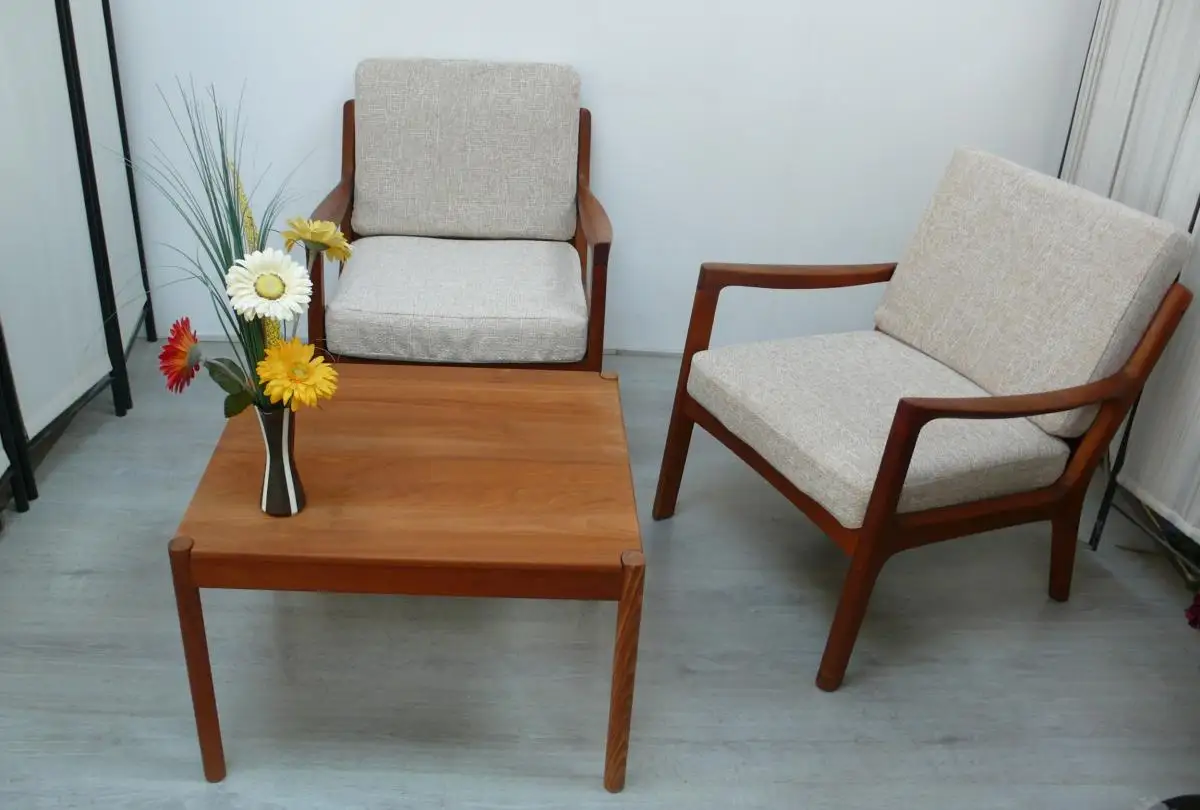 2 Armlehnsessel Lounge Sessel Teak + Creme Polsterung  France & Son Dänemark, 50er Danish Modern Mid Century Modern 3