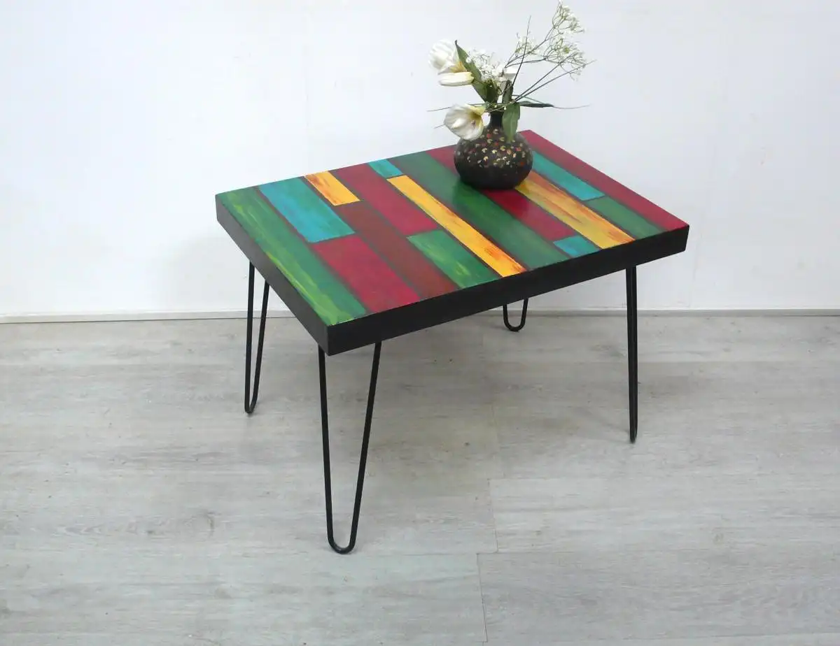 60er Couchtisch im Holzlattenstil handbemalt mit Haarnadelbeine  Mid Century Modern 0
