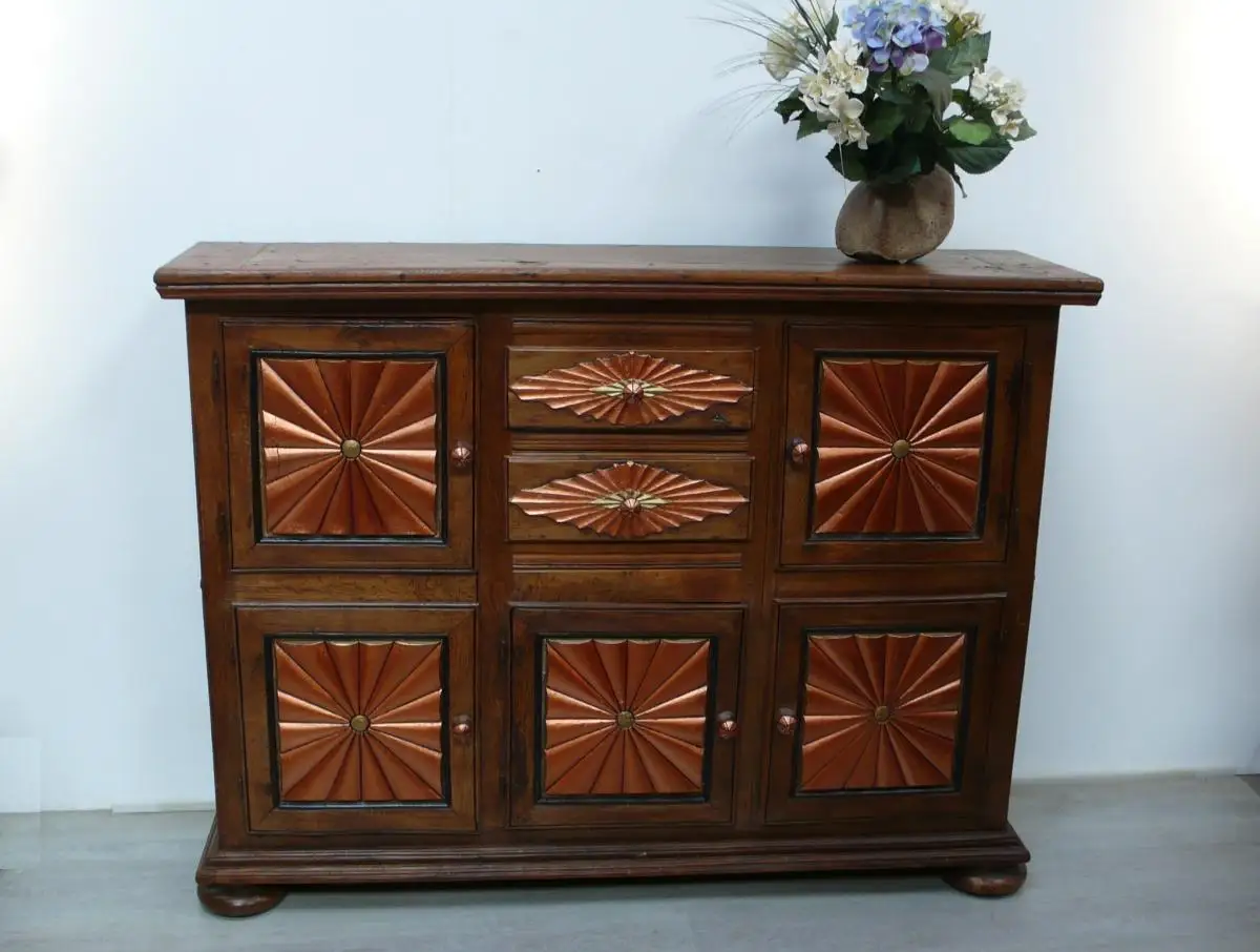 Sideboard aus Mexiko Rustikal Vollholz 5 Türen 2 Schubladen mit Kupfer handbemalt Mexiko Landhaus Stil 0