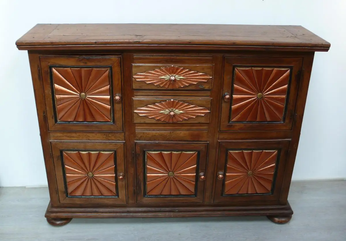 Sideboard aus Mexiko Rustikal Vollholz 5 Türen 2 Schubladen mit Kupfer handbemalt Mexiko Landhaus Stil 1