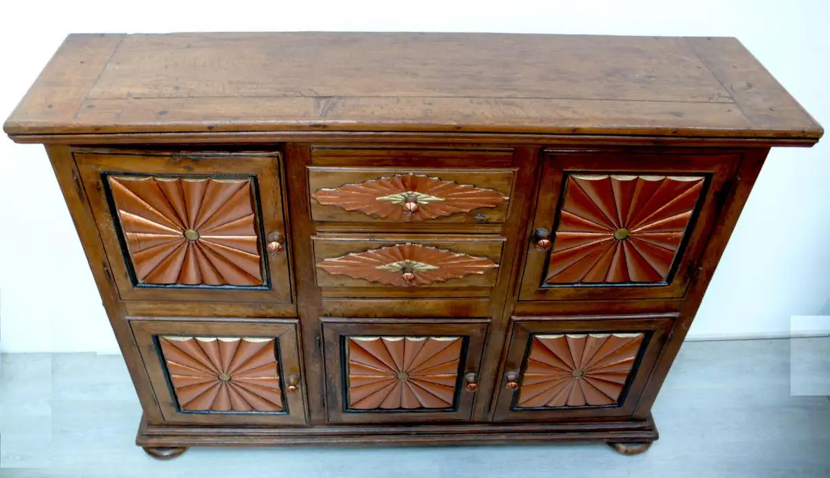 Sideboard aus Mexiko Rustikal Vollholz 5 Türen 2 Schubladen mit Kupfer handbemalt Mexiko Landhaus Stil 3