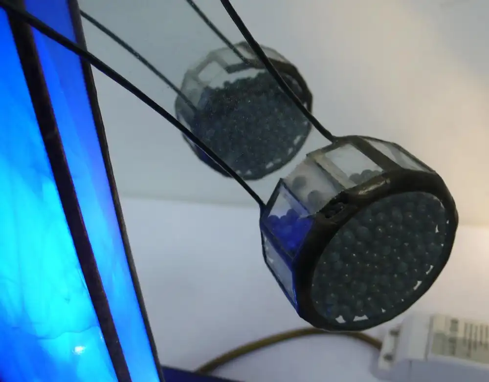 Tischlampe Space Age Stil Schaukel in Tiffany Stil Bleiverglasung mit Spiegel + blauem Glas Handarbeit Unikat 1