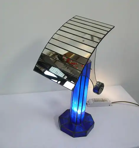 Tischlampe Space Age Stil Schaukel in Tiffany Stil Bleiverglasung mit Spiegel + blauem Glas Handarbeit Unikat