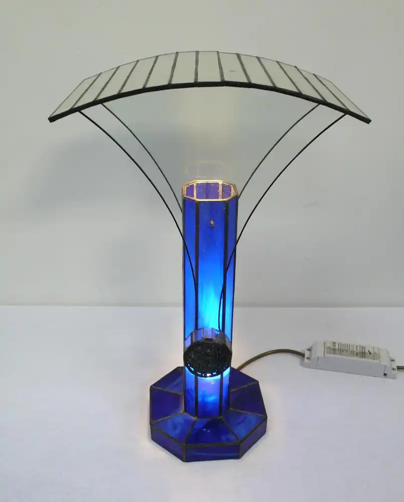 Tischlampe Space Age Stil Schaukel in Tiffany Stil Bleiverglasung mit Spiegel + blauem Glas Handarbeit Unikat 3