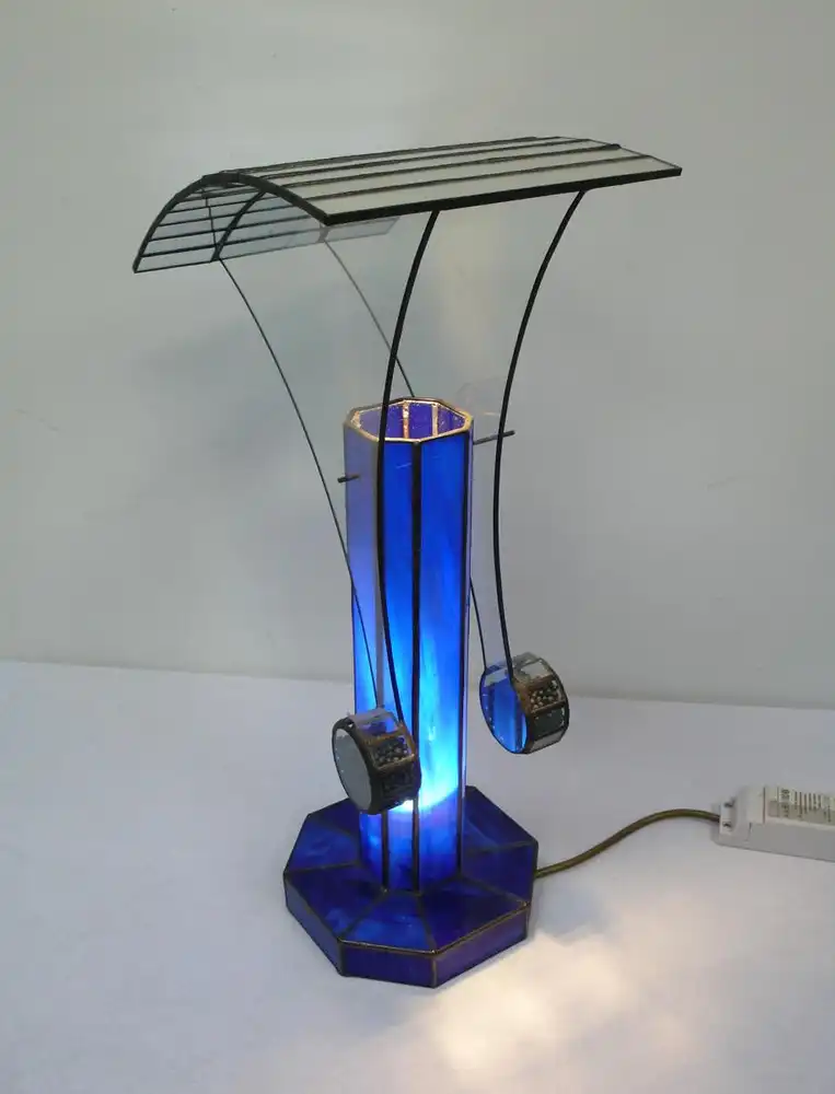Tischlampe Space Age Stil Schaukel in Tiffany Stil Bleiverglasung mit Spiegel + blauem Glas Handarbeit Unikat 4