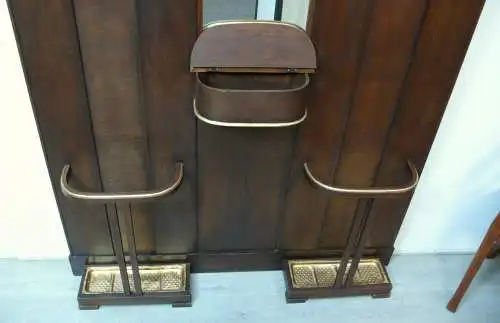 Große Wandgarderobe Antike Garderobe 2 Schirmständer Spiegel Handschuhfach Hutablage Eiche dunkel + Gold Art Déco / Jugendstil Ära