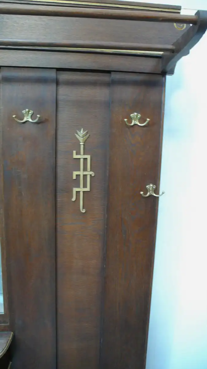 Große Wandgarderobe Antike Garderobe 2 Schirmständer Spiegel Handschuhfach Hutablage Eiche dunkel + Gold Art Déco / Jugendstil Ära 3