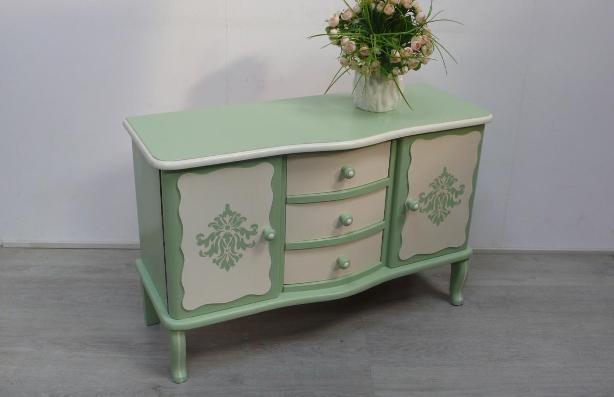 Kleine Kommode Chippendale Stil Grn + Creme handbemalt 30er 0