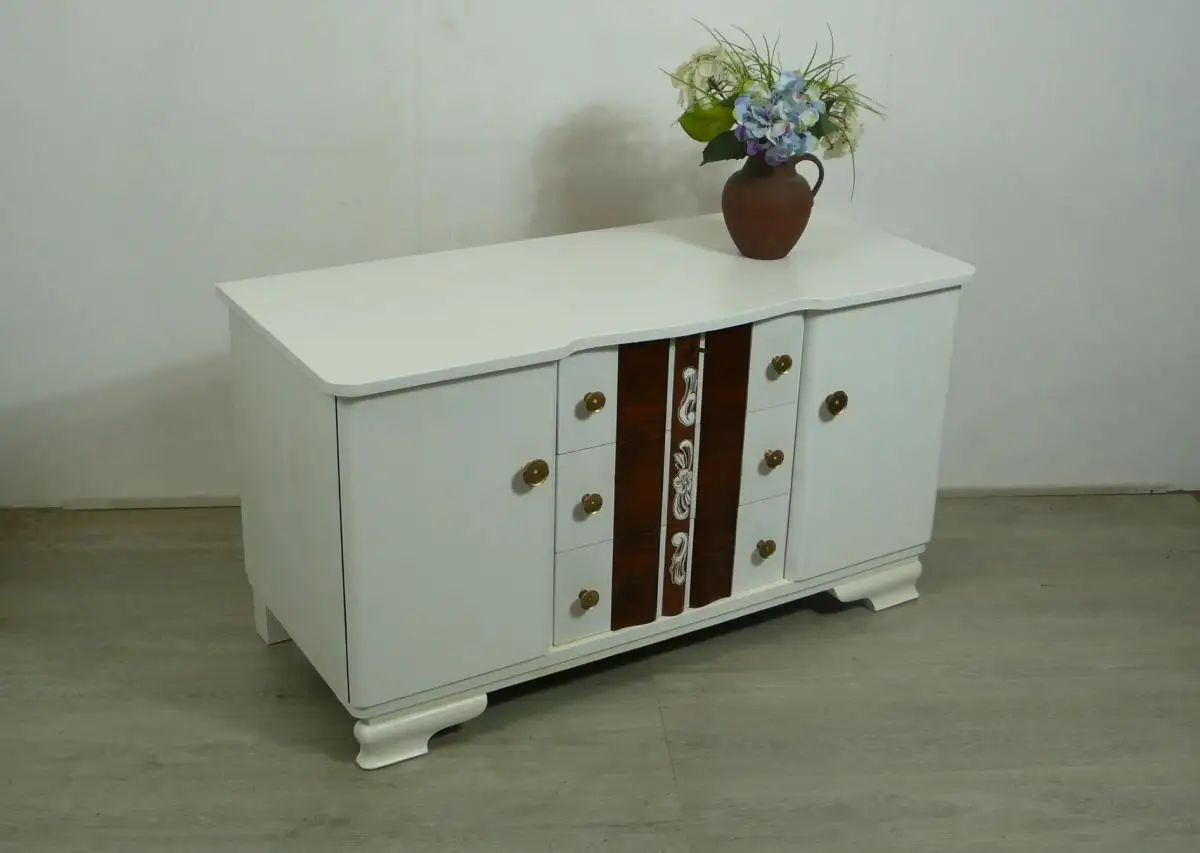 Kommode Sideboard 3 Schubladen 2 Türen in Weiß + Nußbaum Dekor 50er 0