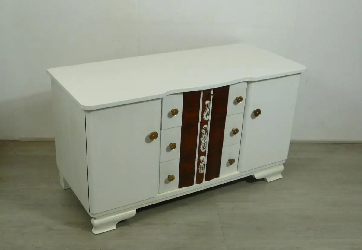 Kommode Sideboard 3 Schubladen 2 Türen in Weiß + Nußbaum Dekor 50er 1