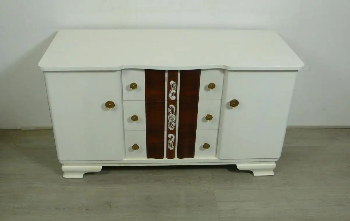 Kommode Sideboard 3 Schubladen 2 Türen in Weiß + Nußbaum Dekor 50er 2