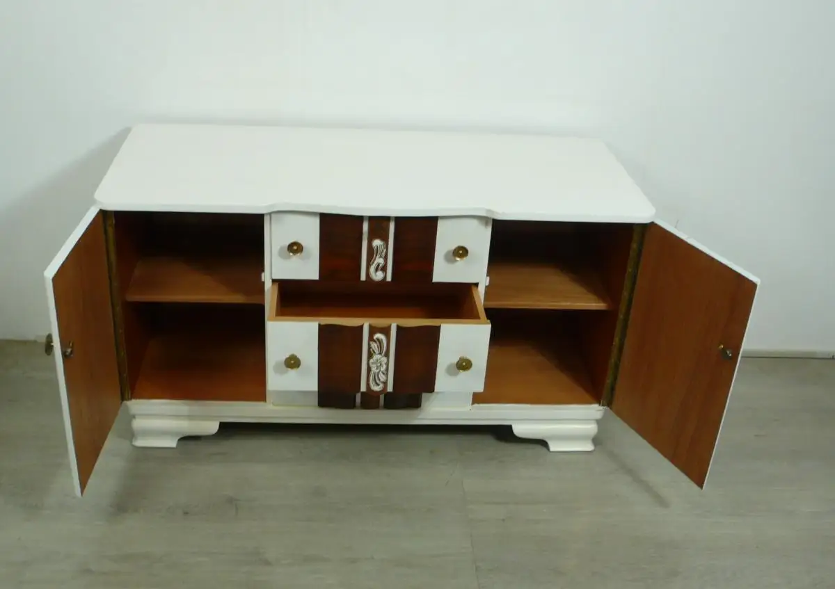 Kommode Sideboard 3 Schubladen 2 Türen in Weiß + Nußbaum Dekor 50er 3